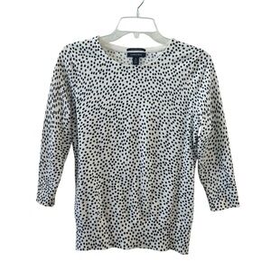 Lands' End White and Black Polka Dot 3/4 Sleeve Rounded Neck Fitted Sweater